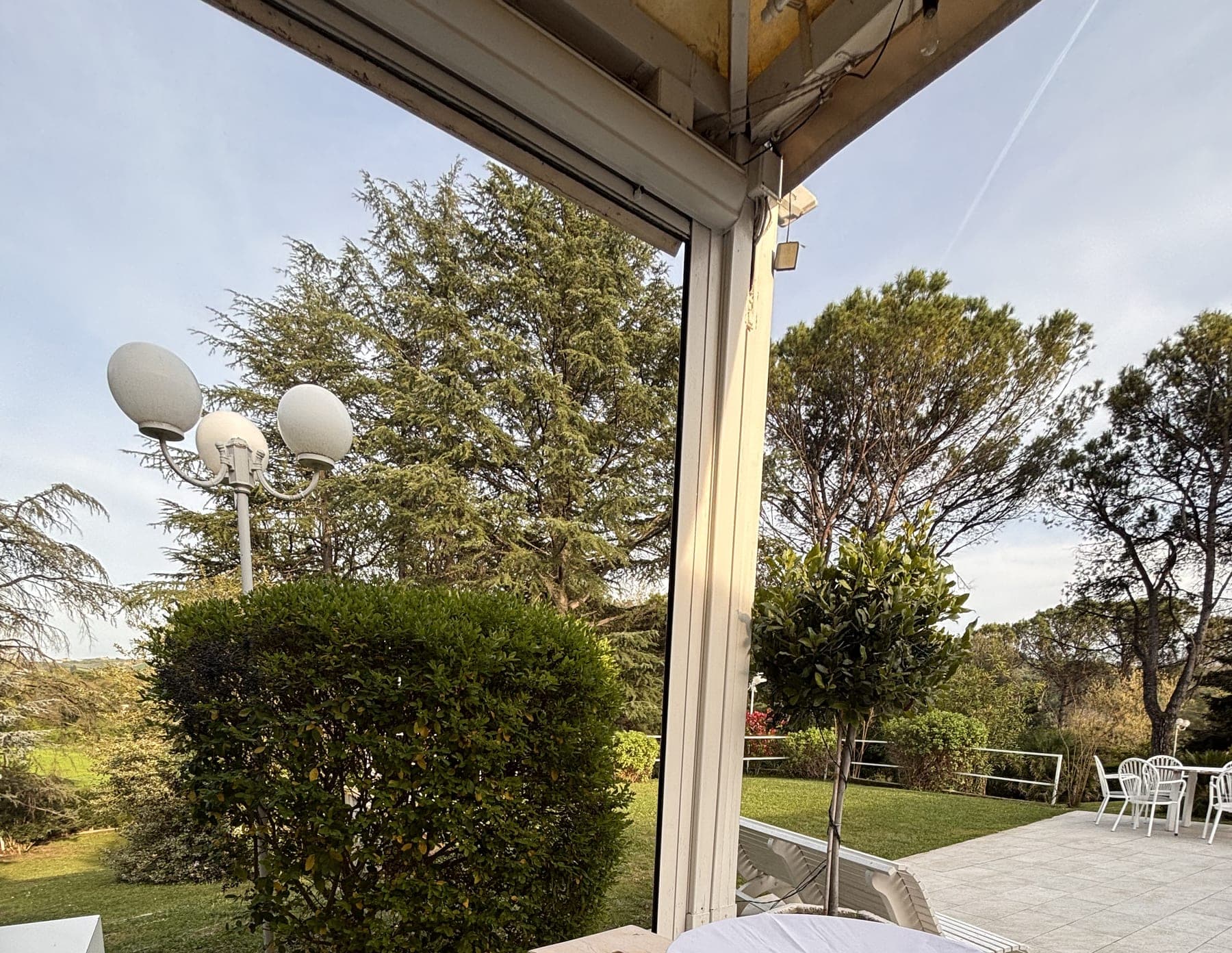 Il giardino visto dal dehor: il prato, le siepi e i pini del parco alla luce del tramonto